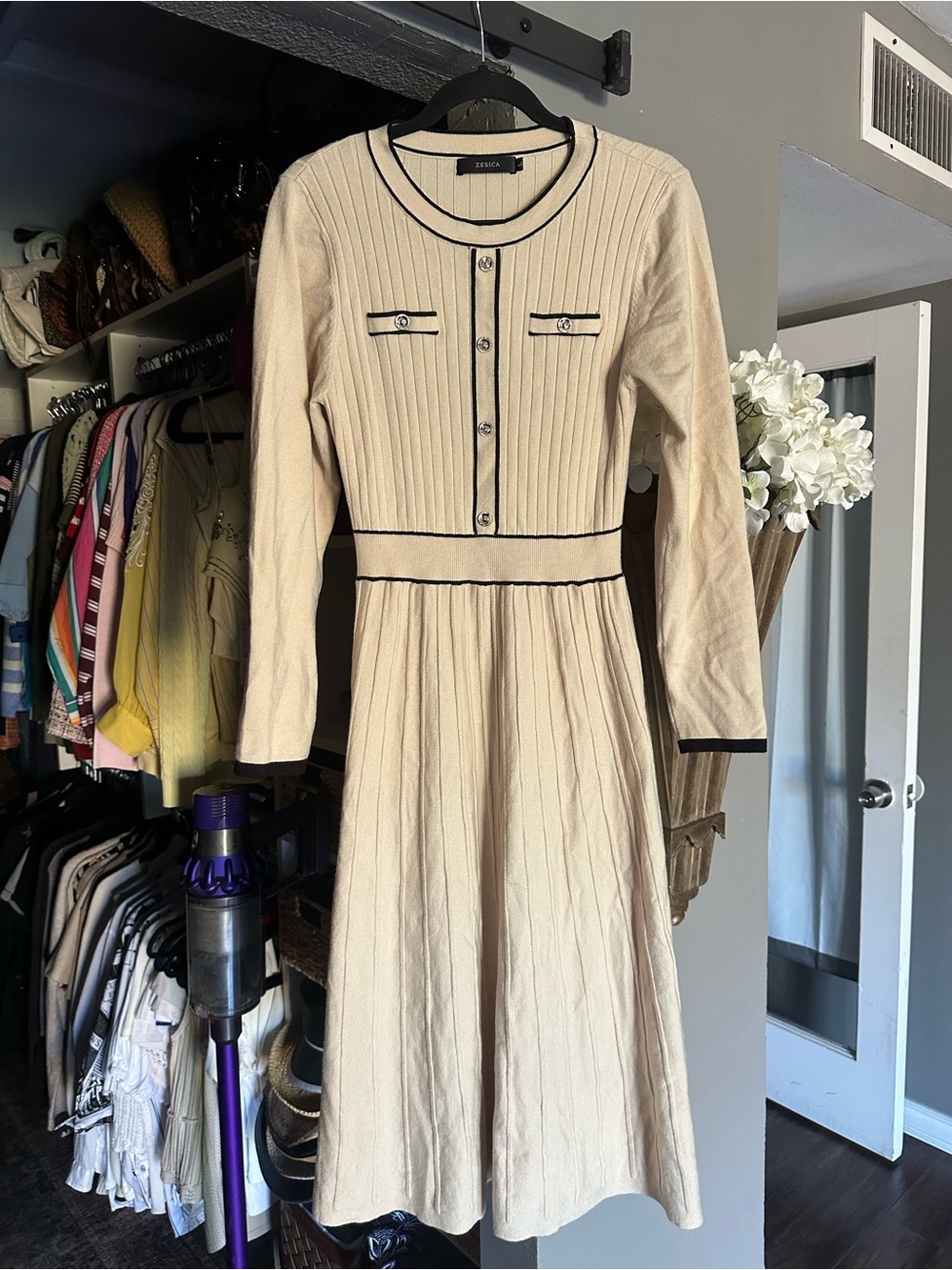 Cream Long-Sleeve Ribbed Midi Dress with Black Trim